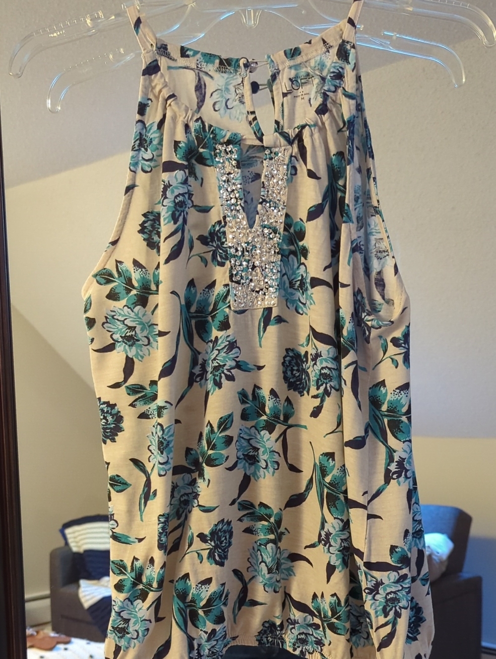 LOFT Beige Floral Gathered Hem Top with Teal and Navy Accents